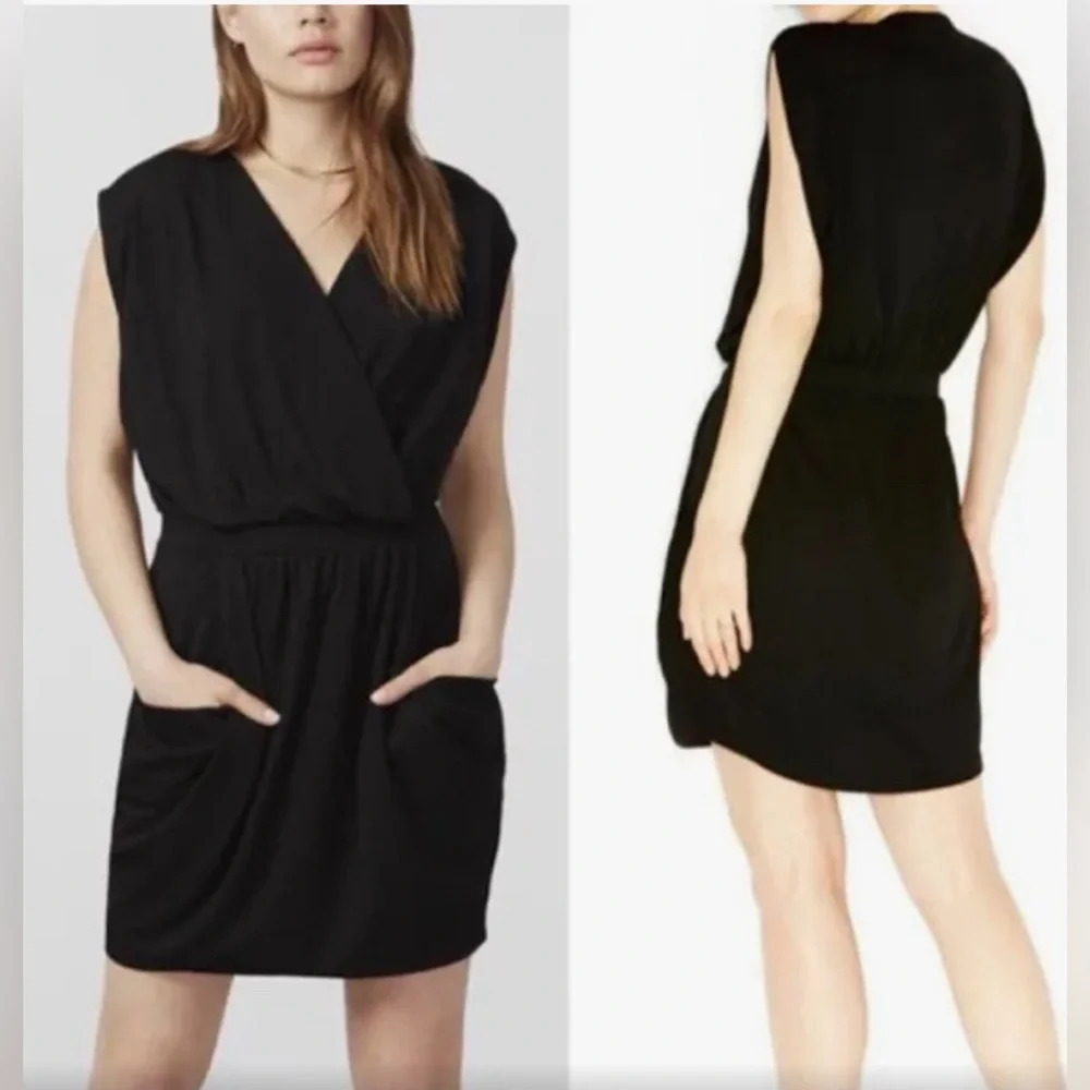 Rachel Roy midi black faux wrap sleeveless dress with POCKETS! Sz M